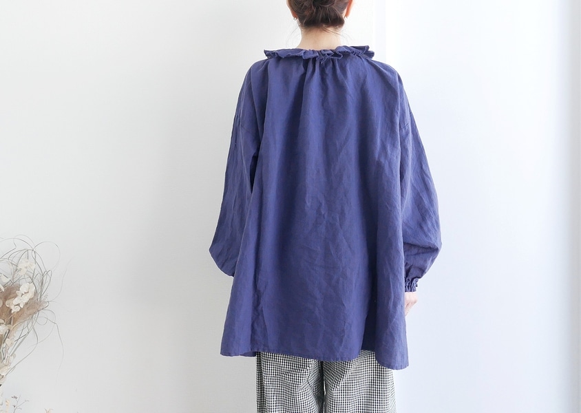 a⁺koloni ⿻ リネン フリルとリボンのブラウス 春夏 ナチュラル 白 a+koloni（コロニー）＊リネンギンガムフリルブラウス(4色