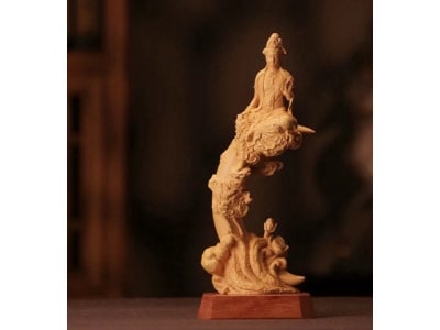 黄楊木 精彫り 観音 木彫り 実木彫刻 仏像 工芸品置物 黄楊木彫精品実木家風水彫刻工芸品送子観音菩薩 黃楊木木雕觀音像的