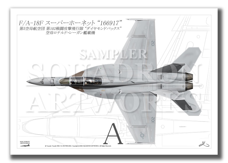 “Top view よこ向き” F/A-18F スーパーホーネット VFA-102  Diamondbacks ＃102  “166917”  （A4サイズ Prints)
