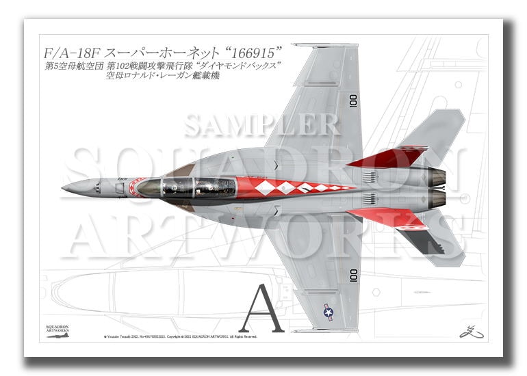“Top view よこ向き” F/A-18F スーパーホーネット VFA-102  Diamondbacks ＃100  “166915”  （A2サイズ Prints)