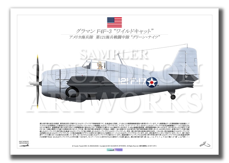 グラマン F4F-3 ワイルドキャット VMF-121 Green Knights “F-17”　（A4サイズ Prints)