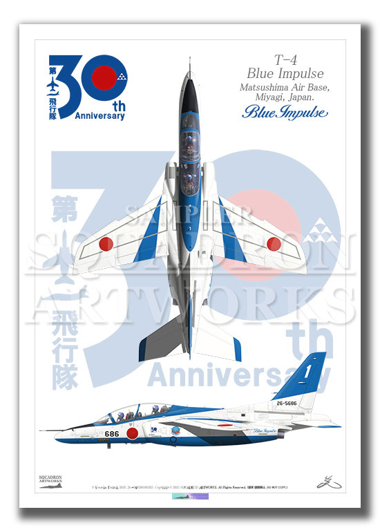 航空自衛隊 第4航空団 第11飛行隊 T-4 ブルーインパルス 6機セット 第11飛行隊 創設30周年 “Top view 縦向き” T-4 ブルーインパルス （A3