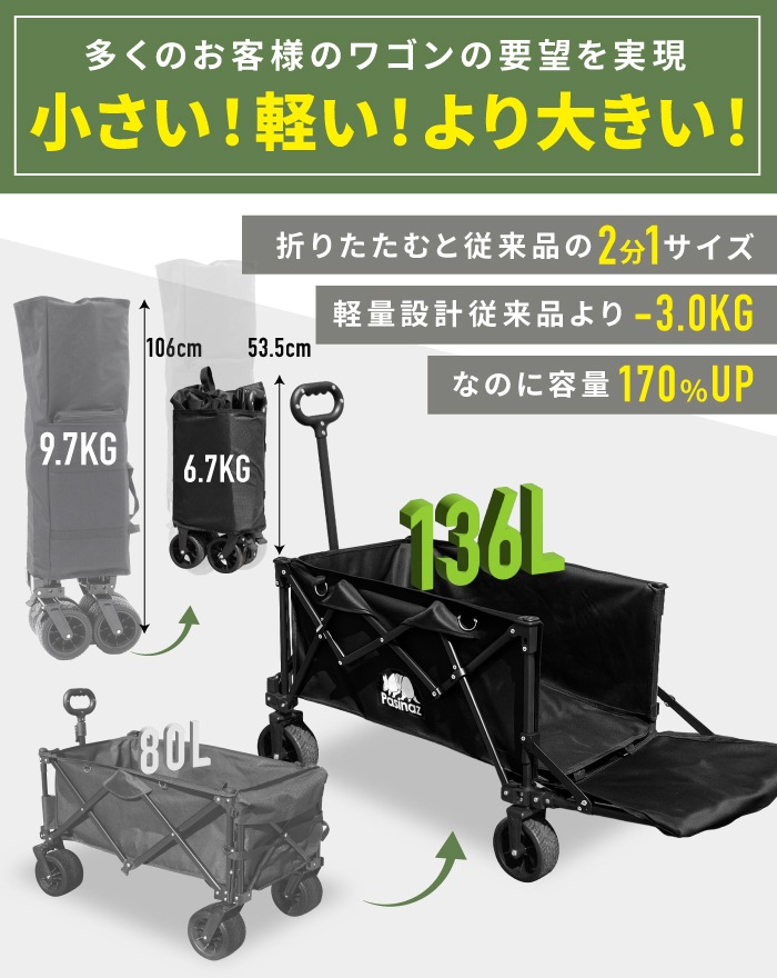 キャンプ用　手渡し可能 最大136L 後ろ開け 開閉式 アウトドアワゴン キャリーワゴン キャリー