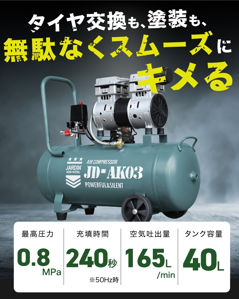 エアーコンプレッサー 吐出口2個 40L 小型 車 エアコンプレッサー 静音