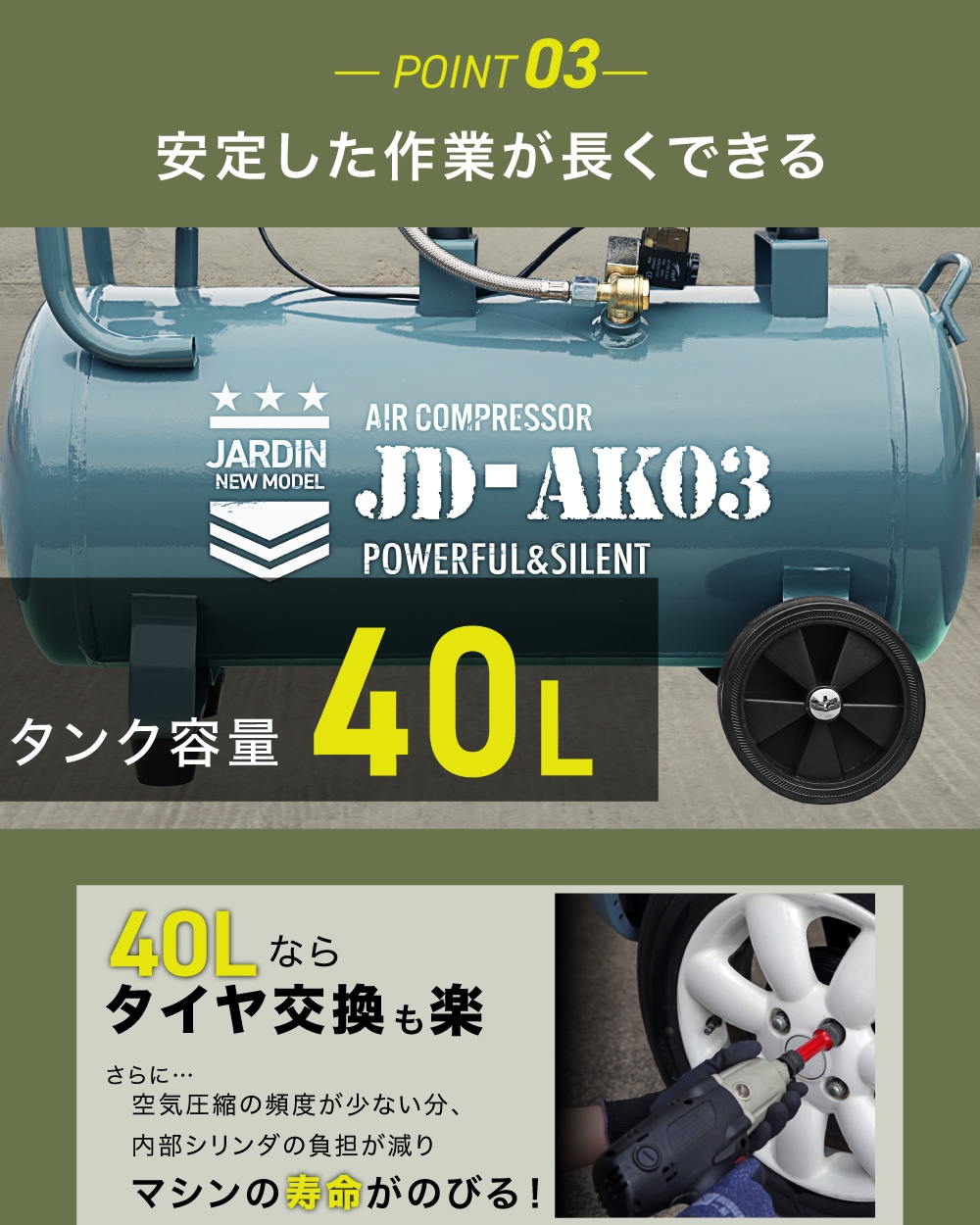 エアーコンプレッサー 吐出口2個 40L 小型 車 エアコンプレッサー 静音