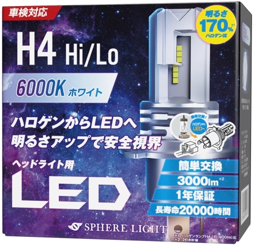 SLASH4060 スフィアライト 車用 LEDヘッドライト H4 Hi/Lo カラー6000K/純白色 明るさ3000lm 車検対応 【送料無料】