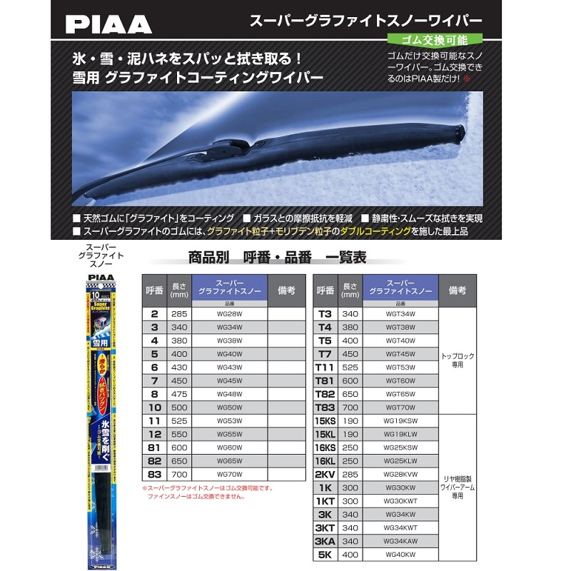 WG40W PIAA 雪用ワイパー ブレード 400mm スーパーグラファイト スノーワイパー ゴム交換可能