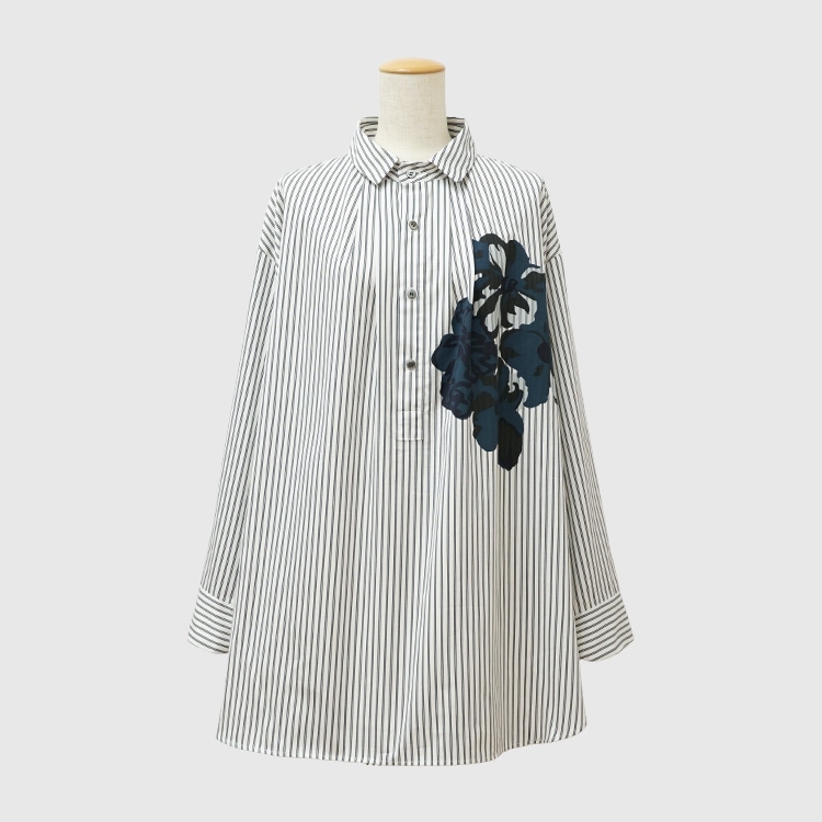 サテンストライプフラワープリント セミロングシャツ｜Y's for living