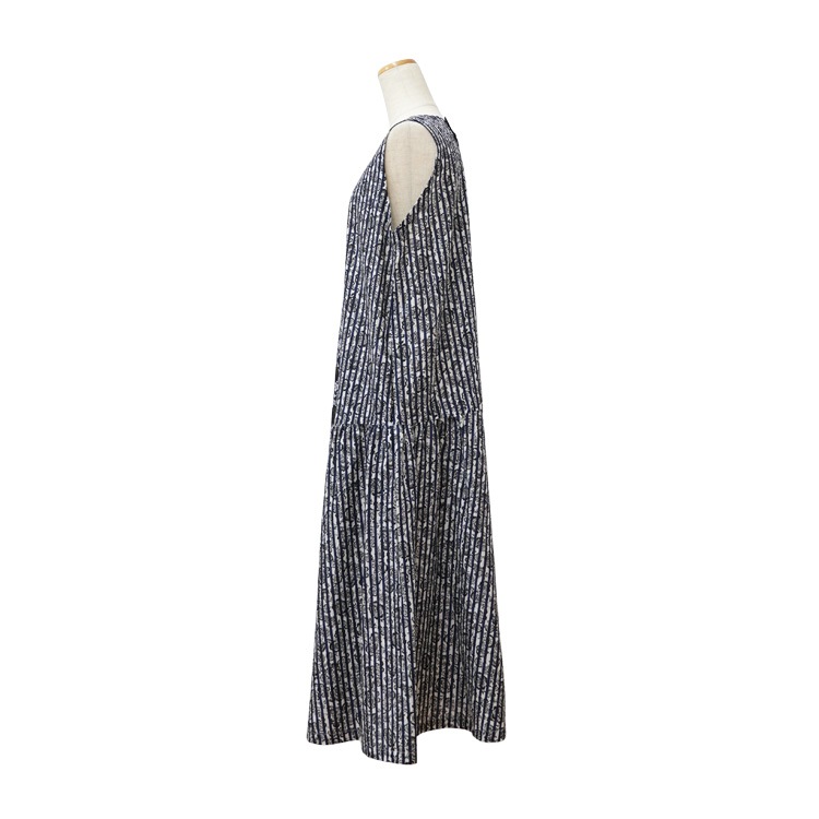 【限定1着】ハンドメイド　レディース　ノースリーブワンピース　リップル♬ リップルプリント 切替ノースリーブワンピース｜Y's for living
