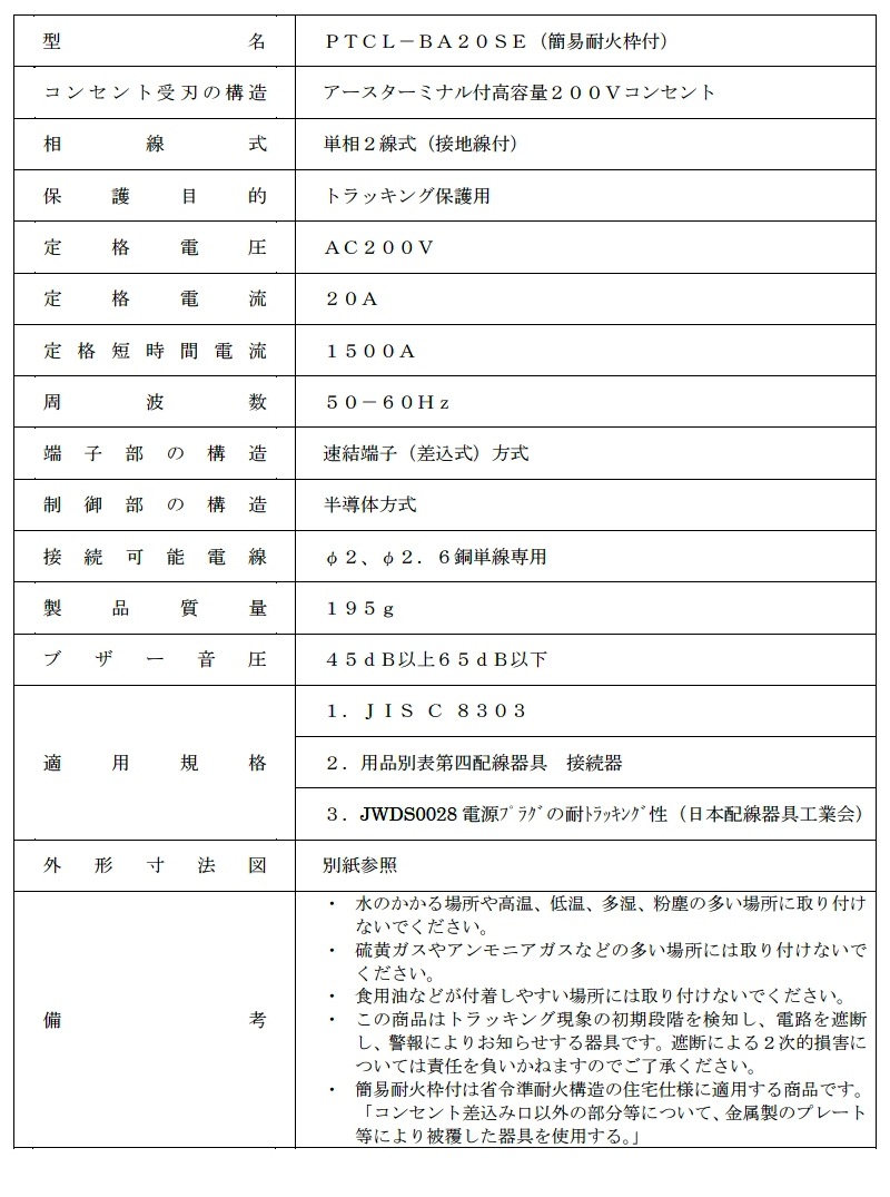 プレトラックコンセント 200Vエアコン 遮断機能 アラーム付き PTCL-BA20SE  アース付シングルコンセント 埋め込みタイプ 樹脂プレート 15A・20A兼用 トラッキング火災防止 放電検知 自動遮断 kawamuraの通販