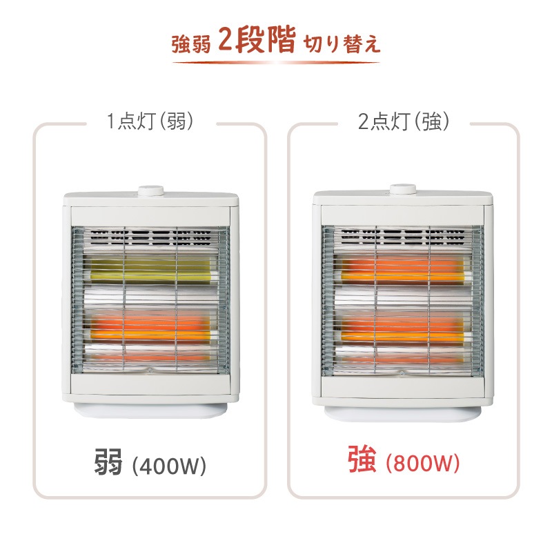 電気ストーブ 800W 400W 2段階切り替え 金属ボディで耐久性アップ 遠赤外線ヒーター搭載 YKT-D821DF(W) 転倒オフスイッチ ユアサプライムス YUASA-ユアサプライムス.com