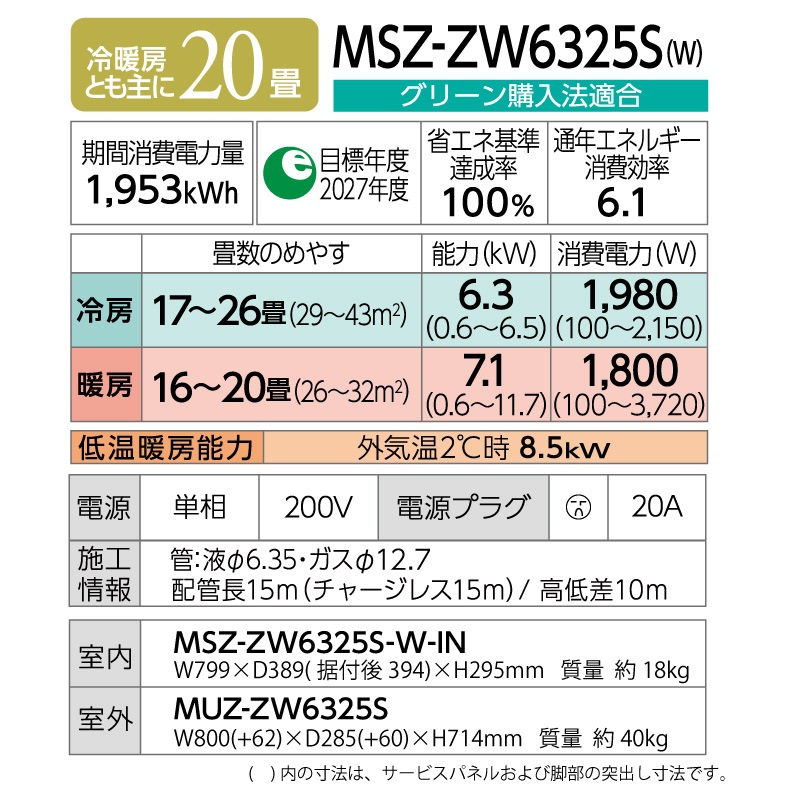 ɩŵ 롼२  20 ̸ MSZ-ZW6325S-W 6.3kw Z꡼ ñ200V MSZZW6325SW ԥ奢ۥ磻 դ̤Ǥ MITSUBISHI