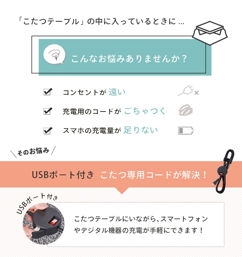 ユアサプライムス.com｜USBポート付き こたつコード 2ピン専用