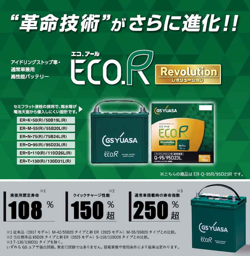 GS�楢�� ��ư���� �Хåƥ꡼ ECO.R Revolution ER-Q-95R/95D23R-EA-N ������������ ��ܥ�塼����� �����ɥ�󥰥��ȥå׼� ��������� �̾�� Ĺ��̿ ���������楢�� �����Хåƥ꡼ GS YUASA