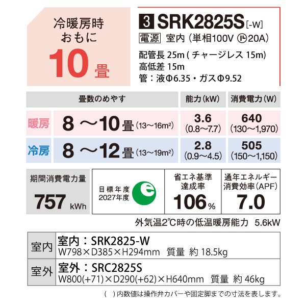 ��ɩ�Ź� �롼�२������ ��� 10���� �ӡ��С��������� SRK2825S-W 2.8kw S���꡼�� ����դ�ɸ�๩������� ñ��100V SRK2825SW �ե����󥹥Ρ� MITSUBISHI