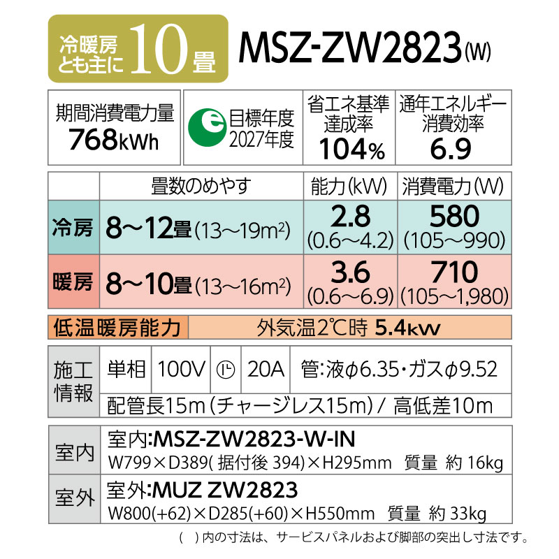 ɩŵ 롼२  10 ̸ MSZ-ZW2823-W 2.8kw Z꡼ ñ100V MSZZW2823W ԥ奢ۥ磻 դ̤Ǥ MITSUBISHI
