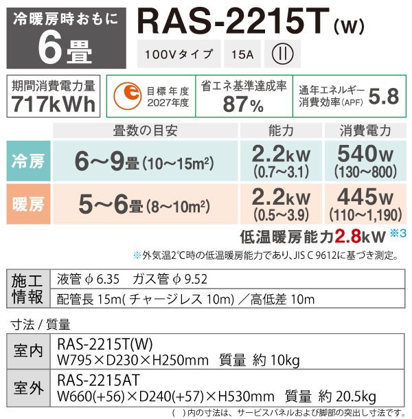  TOSHIBA 롼२ RAS-2215T(W) ۥ磻  6 2.2kw T꡼ ɸդ ñ100V RAS2215TW