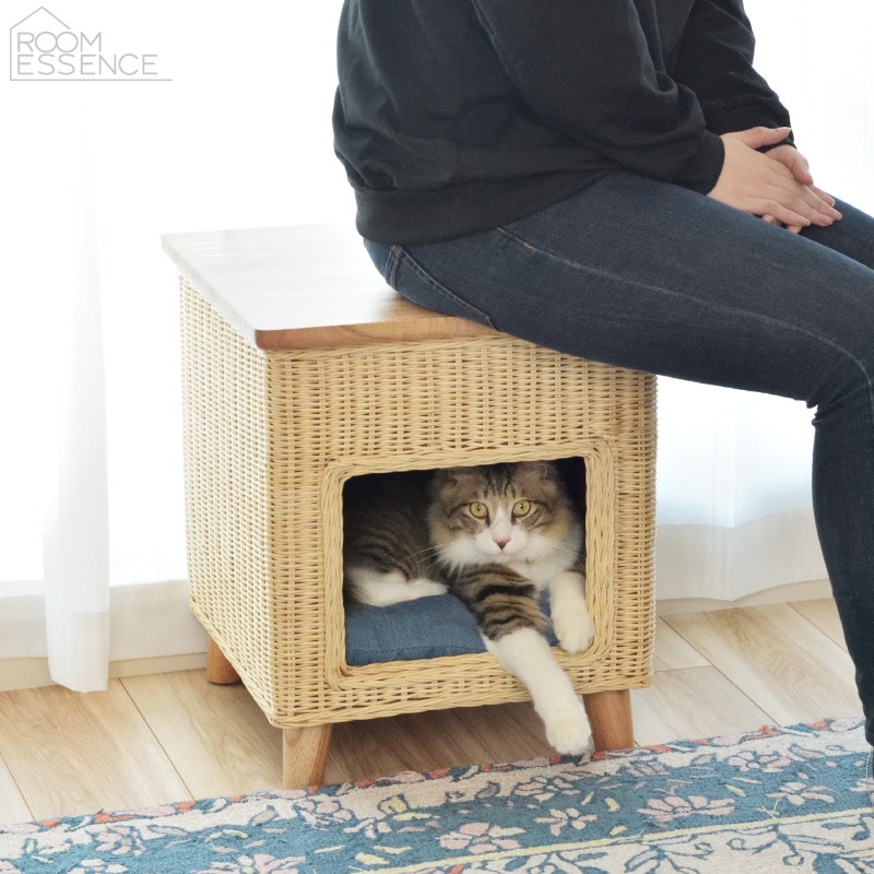 ペットハウス ペットスツール 猫 小型犬 木製椅子 PET-63 木製 ペットベッド クッション付き 天然木パイン ラタン 東谷 AZUMAYA 代引不可