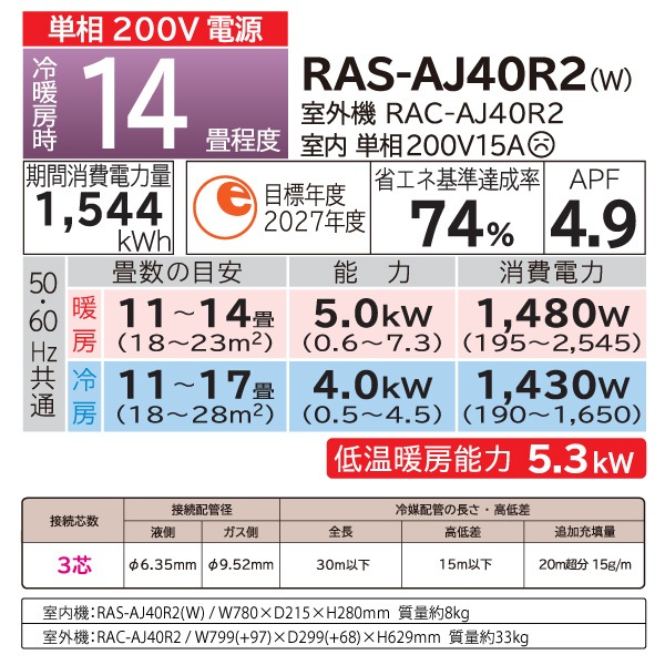 ��Ω HITACHI �롼�२������ RAS-AJ40R2(W) �򤯤ޤ��� AJ���꡼�� ��� 14���� 4.0kw �������ۥ磻�� ñ��200V ����դ��������̤Ǥ� RASAJ40R2W