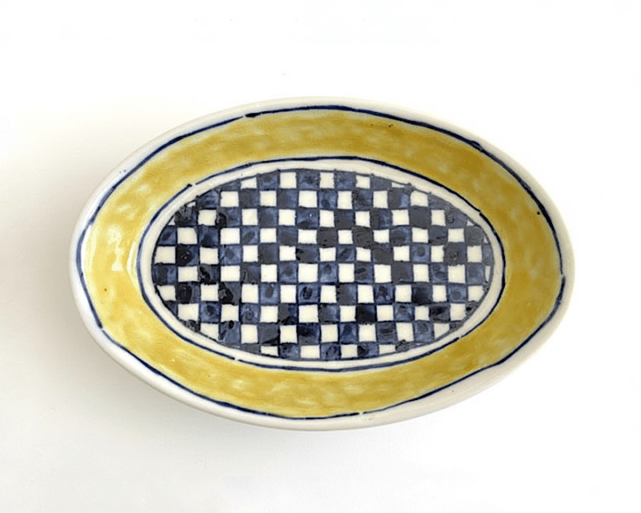 中尾万作 黄巻格子楕円深皿