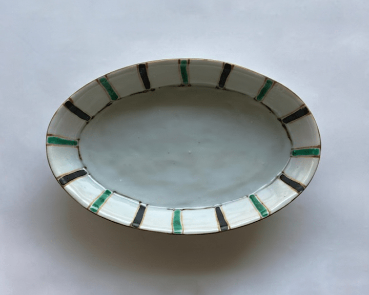 中尾万作 黒緑とくさ楕円深皿