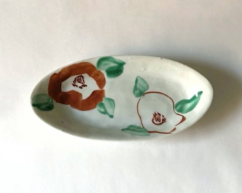中尾万作 楕円皿 紅白椿
