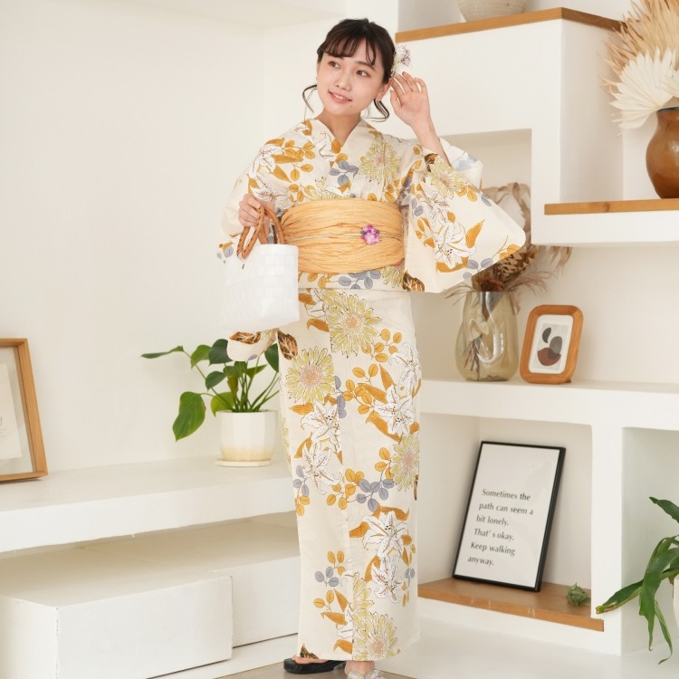 utatane 浴衣3点セット（F） 高級変わり織り 古典柄 レトロ アンティーク系 向日葵 ベージュ系|浴衣（ゆかた）|レディース