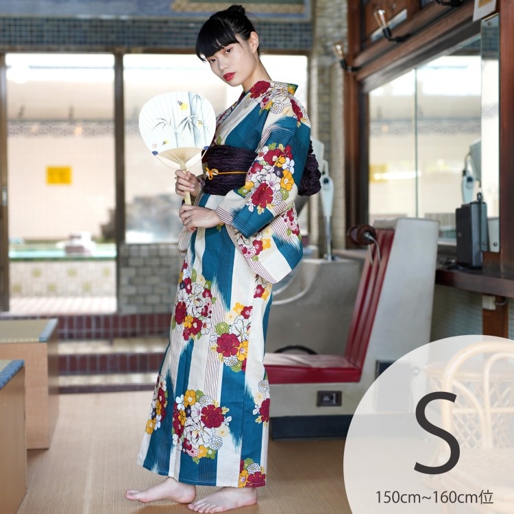 ニコアンティーク 浴衣3点セット（S） 高級変わり織り レトロモダン系 矢絣 青緑系|浴衣（ゆかた）|レディース