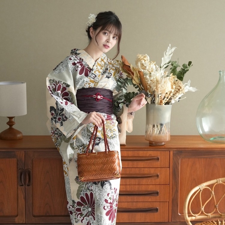 utatane 浴衣3点セット（TL） 高級変わり織り 古典柄 レトロ アンティーク系 菊 ピンクベージュ|浴衣（ゆかた）|レディース