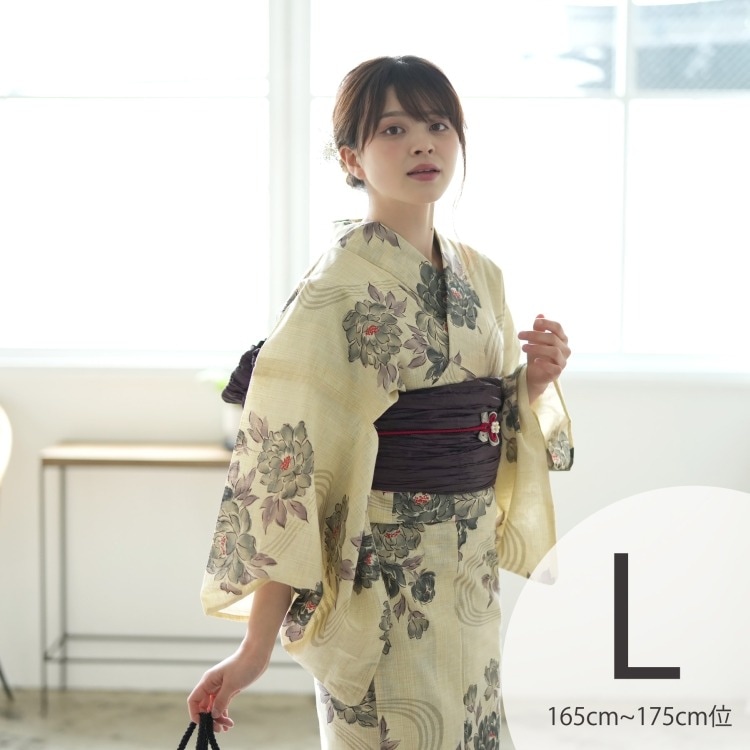 浴衣3点セット（TL） 綿麻 古典柄 レトロ アンティーク系 牡丹 ベージュ系|浴衣（ゆかた）|レディース