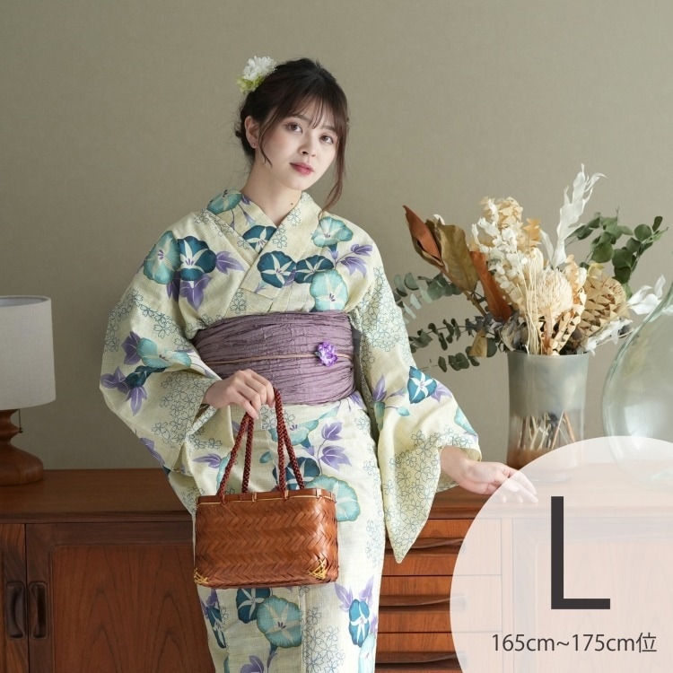 浴衣3点セット（TL） 綿麻 古典柄 レトロ アンティーク系 朝顔 ベージュ系|浴衣（ゆかた）|レディース