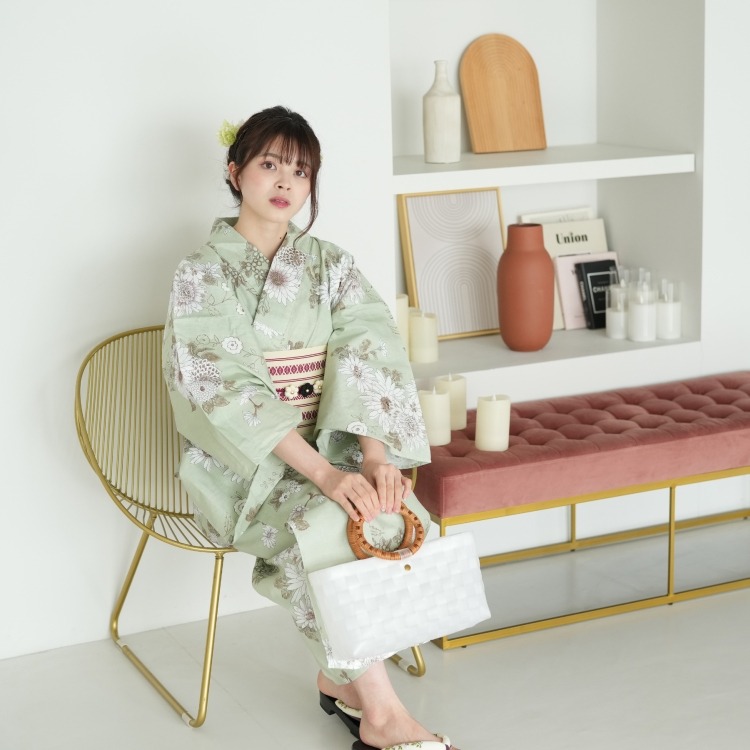 utatane 浴衣3点セット（TL） 高級変わり織り 古典柄 レトロ アンティーク系 菊 緑系|浴衣（ゆかた）|レディース