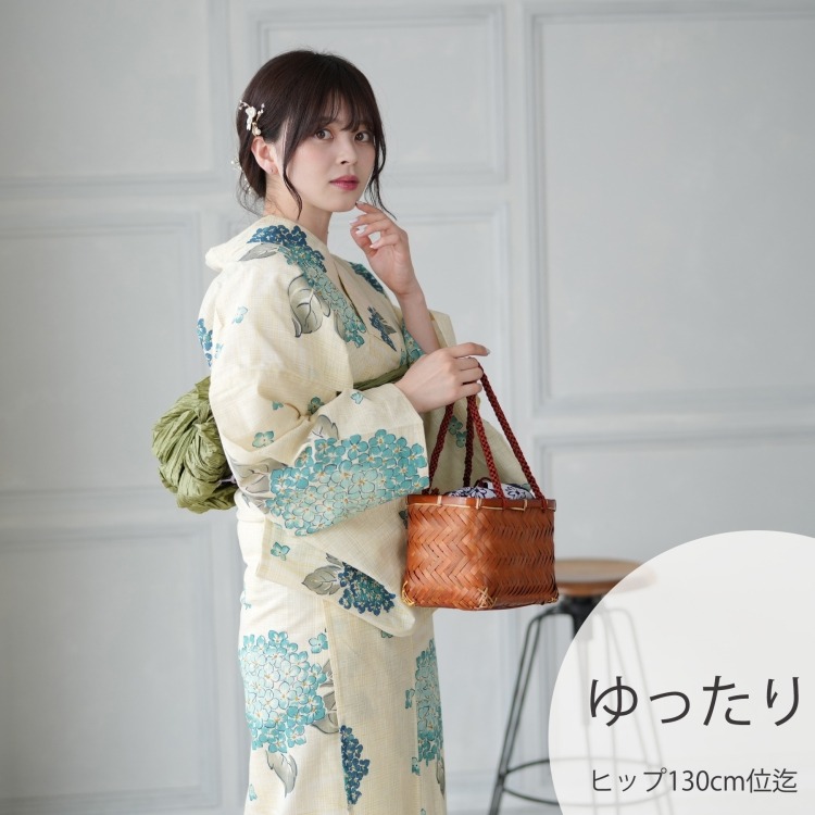 浴衣3点セット（3L） 綿麻 古典柄 レトロ アンティーク系 あじさい ベージュ系|浴衣（ゆかた）|レディース
