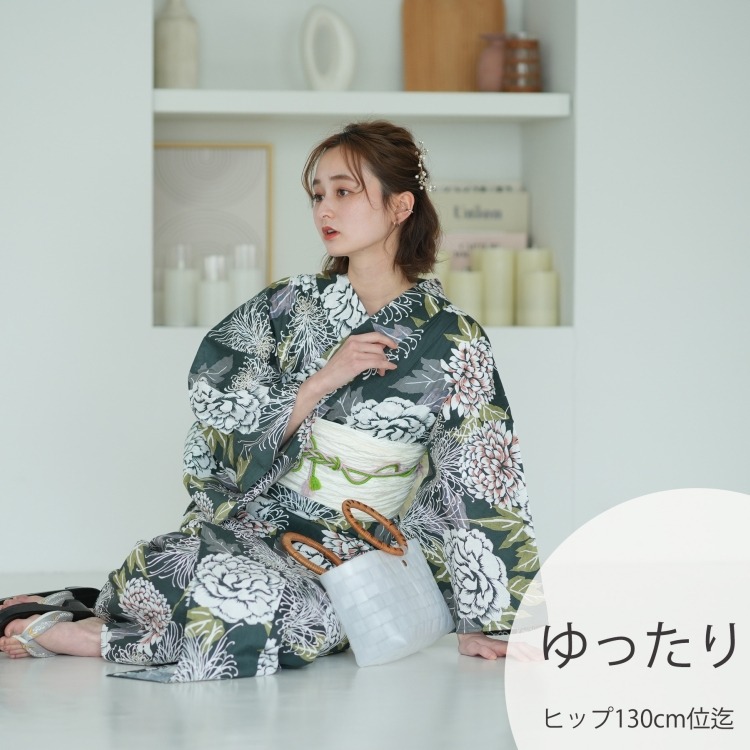 utatane 浴衣3点セット（3L） 高級変わり織り 古典柄 レトロ アンティーク系 菊牡丹 ブルーグレー系|浴衣（ゆかた）|レディース