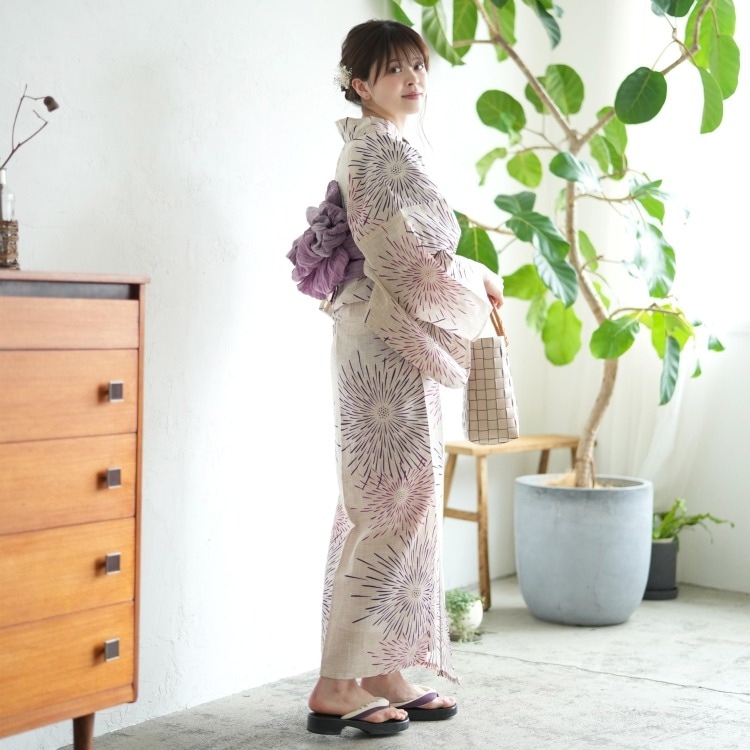 夢千代 浴衣3点セット（F） 綿麻 古典柄 レトロ アンティーク系 花火 きなり系|浴衣（ゆかた）|レディース
