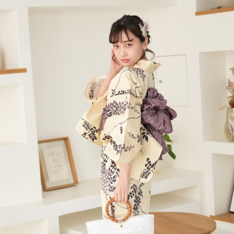 ニコアンティーク 浴衣3点セット（3L） 高級変わり織り 大人 綺麗系 藤 ベージュ系|浴衣（ゆかた）|レディース