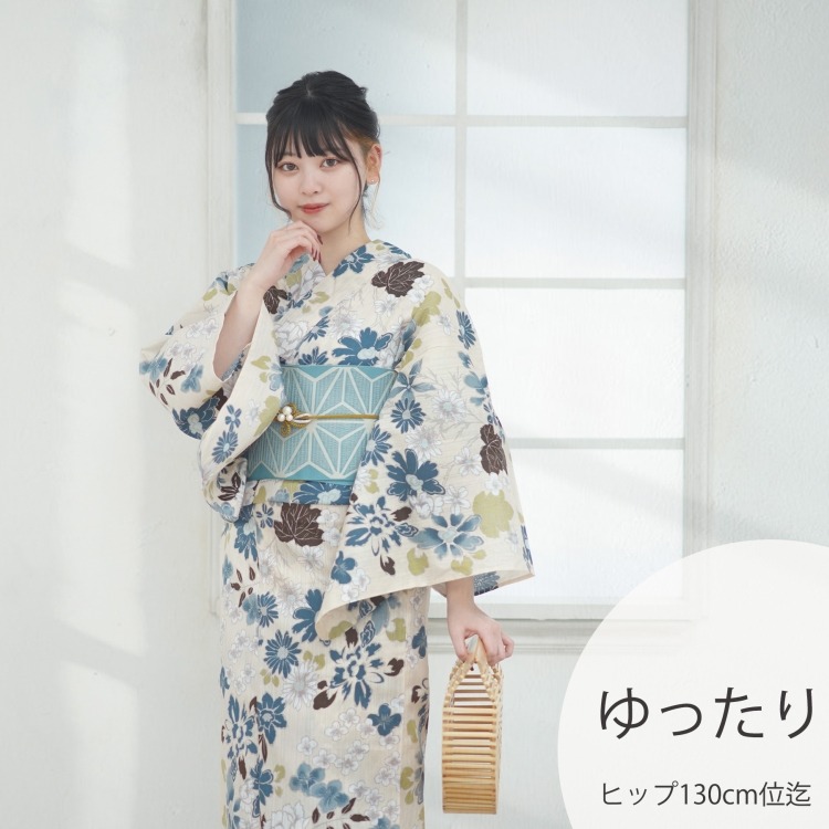 utatane 浴衣3点セット（3L） 高級変わり織り 古典柄 レトロ アンティーク系 花 ベージュ系|浴衣（ゆかた）|レディース