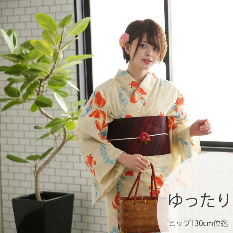 浴衣3点セット（3L） 綿麻 古典柄 レトロ アンティーク系 金魚 ベージュ系|浴衣（ゆかた）|レディース