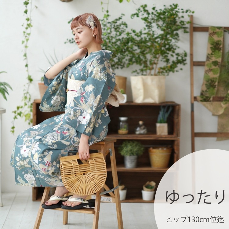 utatane 浴衣3点セット（3L） 高級変わり織り 古典柄 レトロ アンティーク系 草花 青緑系|浴衣（ゆかた）|レディース