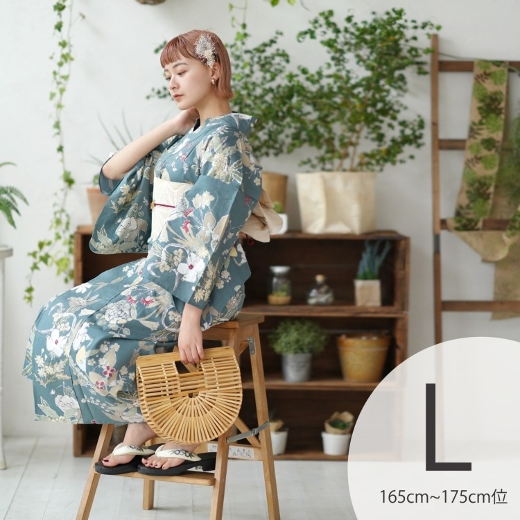 utatane 浴衣3点セット（TL） 高級変わり織り 古典柄 レトロ アンティーク系 草花 青緑系|浴衣（ゆかた）|レディース