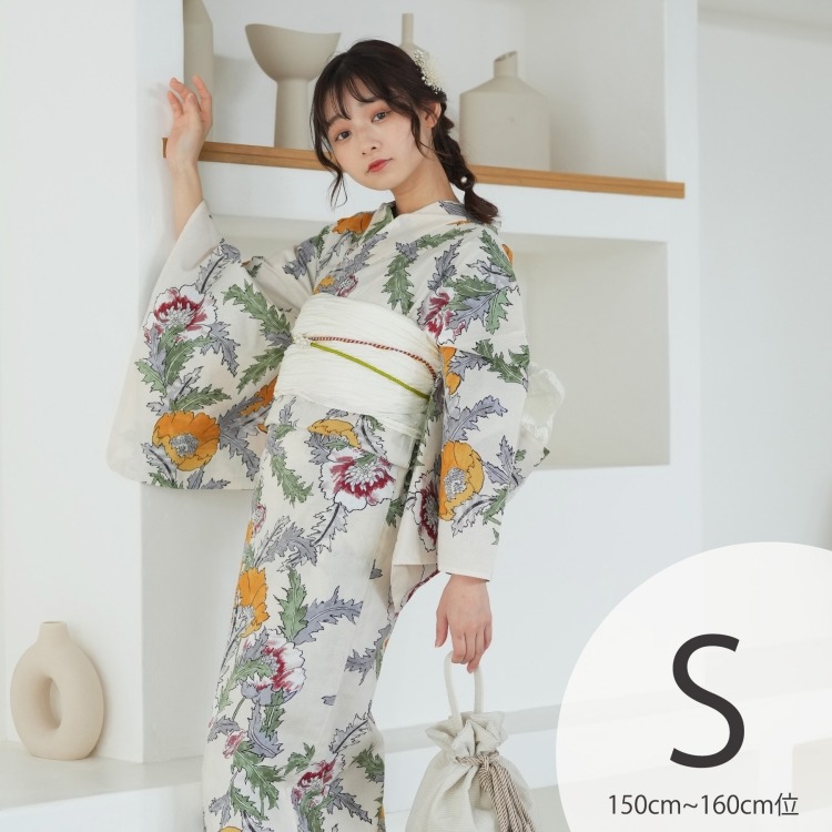 utatane 浴衣3点セット（S） 高級変わり織り 古典柄 レトロ アンティーク系 アネモネ ベージュ系|浴衣（ゆかた）|レディース