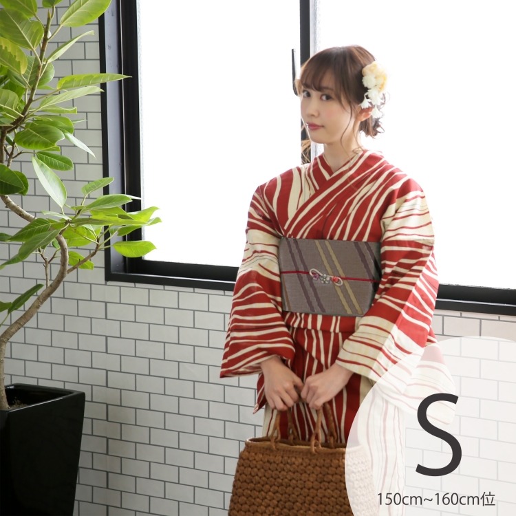 浴衣3点セット（S） 先染め 古典柄 レトロ アンティーク系 縞 赤系|浴衣（ゆかた）|レディース