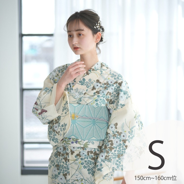 utatane 浴衣3点セット（S） 高級変わり織り 古典柄 レトロ アンティーク系 小菊 ベージュ系|浴衣（ゆかた）|レディース