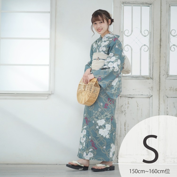 utatane 浴衣3点セット（S） 高級変わり織り 古典柄 レトロ アンティーク系 花七宝 青緑系|浴衣（ゆかた）|レディース