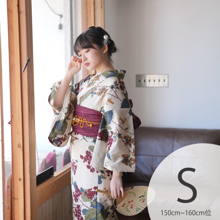 ニコアンティーク 浴衣3点セット（S） 高級変わり織り 古典柄 レトロ アンティーク系 草花 きなり系|浴衣（ゆかた）|レディース