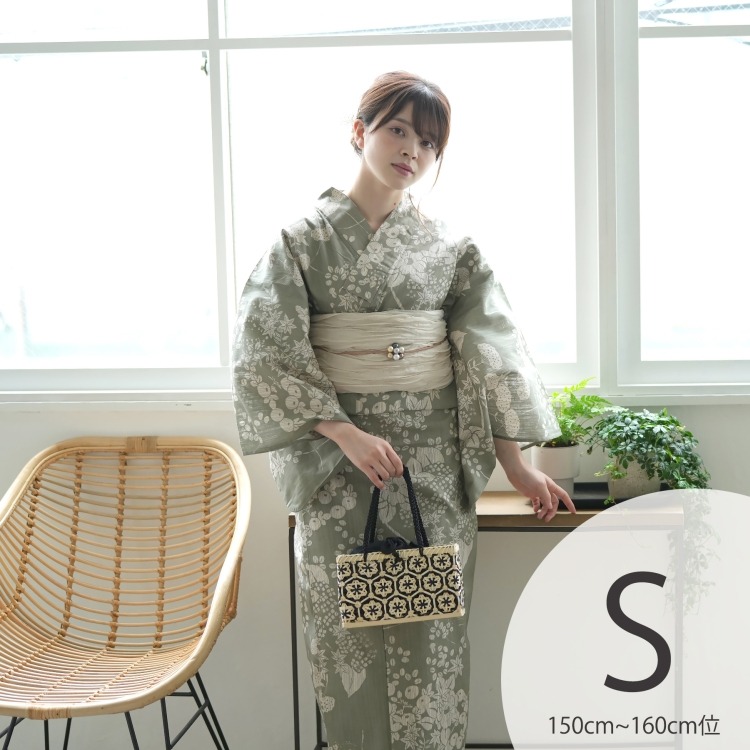 utatane 浴衣3点セット（S） 高級変わり織り 古典柄 レトロ アンティーク系 花 緑系|浴衣（ゆかた）|レディース