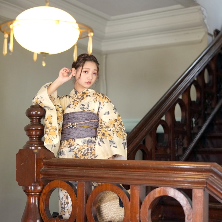 ニコアンティーク 浴衣3点セット（F） 高級変わり織り 古典柄 レトロ アンティーク系 牡丹 きなり系|浴衣（ゆかた）|レディース