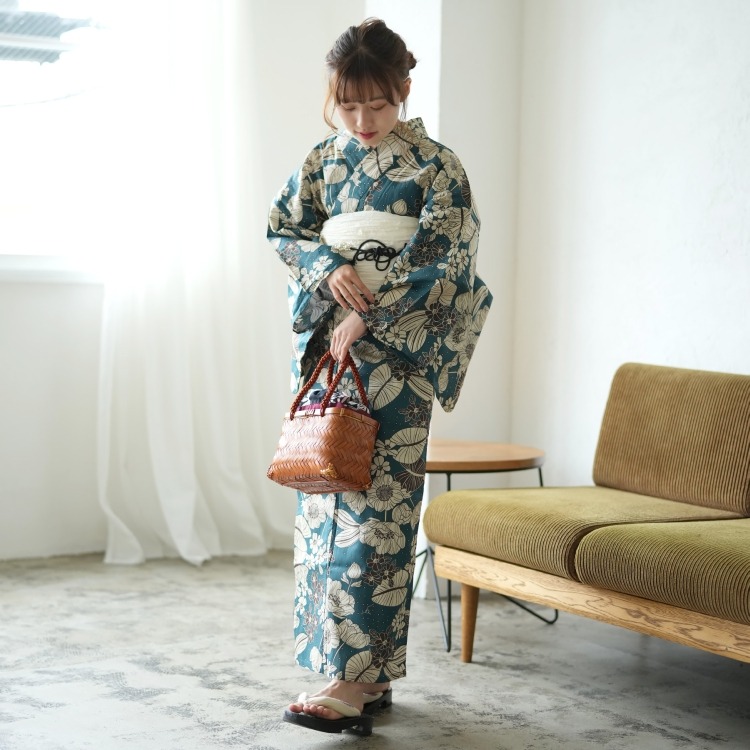 ニコアンティーク 浴衣3点セット（F） 高級変わり織り 華やか 可愛い系 草花 青系|浴衣（ゆかた）|レディース