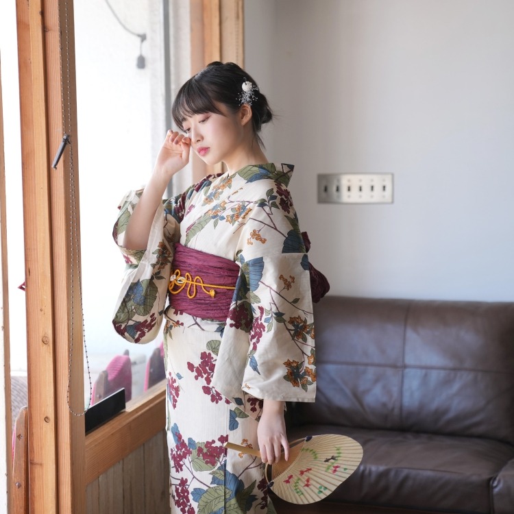 ニコアンティーク 浴衣3点セット（F） 高級変わり織り 古典柄 レトロ アンティーク系 草花 きなり系|浴衣（ゆかた）|レディース