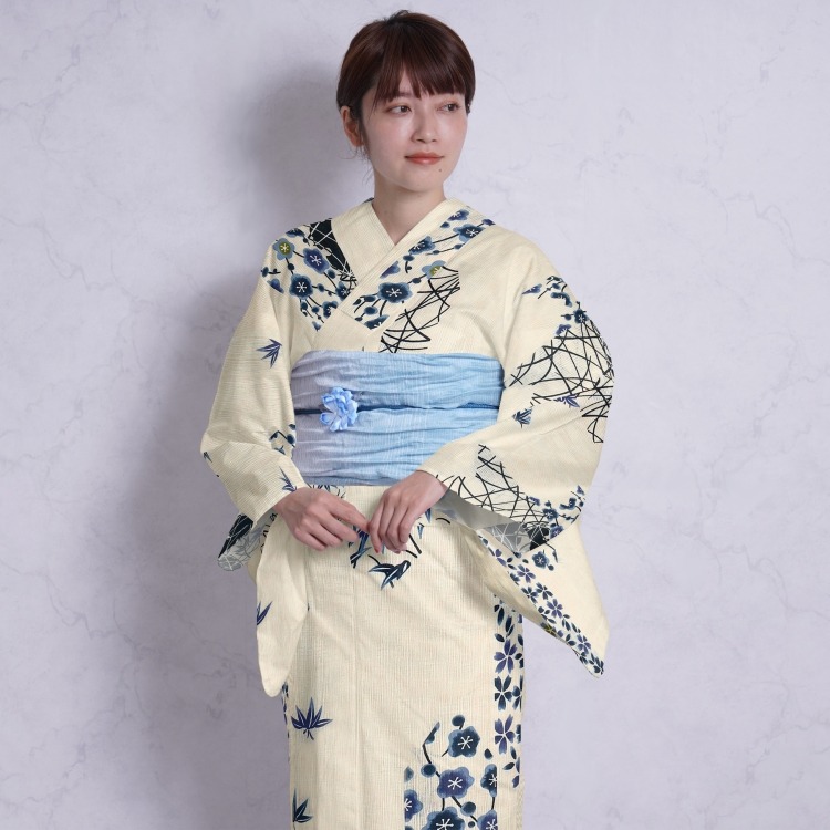 浴衣3点セット（F） 綿麻 古典柄 レトロ アンティーク系 矢絣 きなり系|浴衣（ゆかた）|レディース